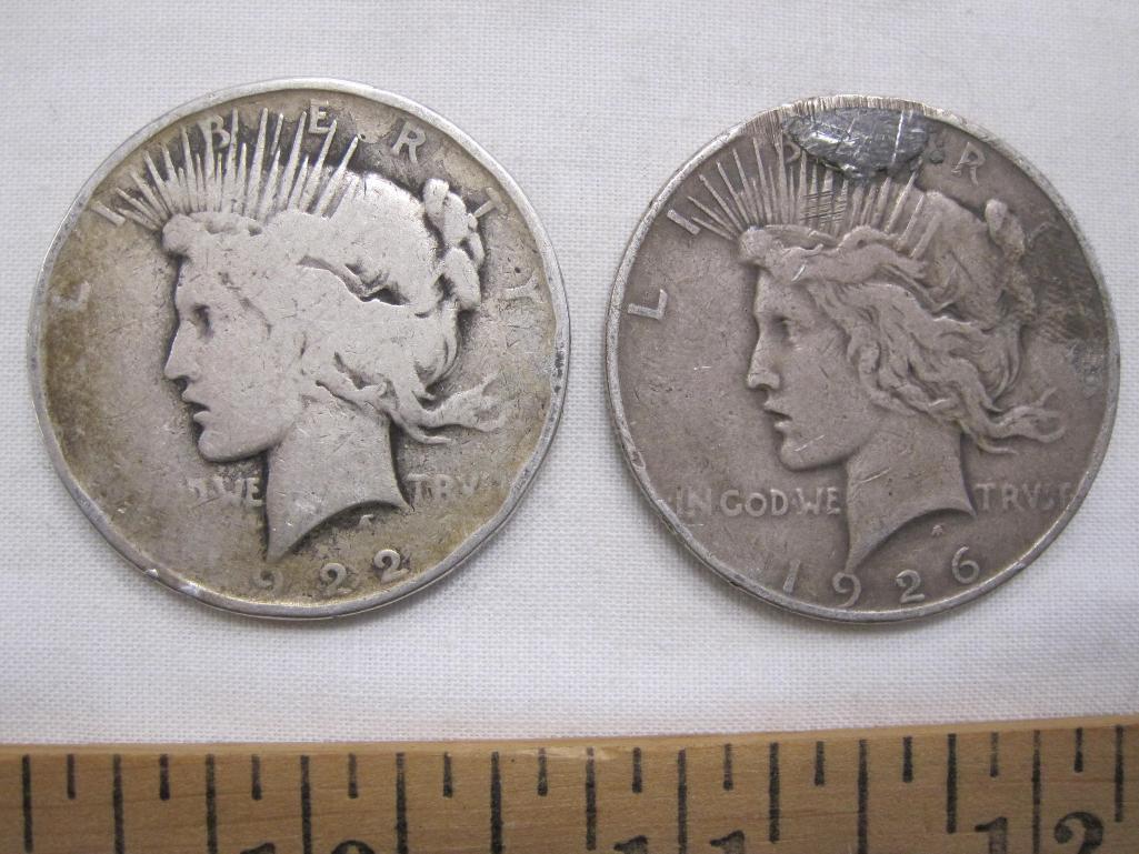 Two silver dollars, 1922 and 1926, 52.7 g