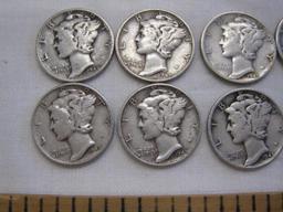 Ten 1945 Silver US Mercury Dimes, nine 1945, one 1945D, 24.7 g