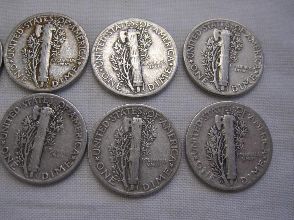 Ten 1945 Silver US Mercury Dimes, nine 1945, one 1945D, 24.7 g