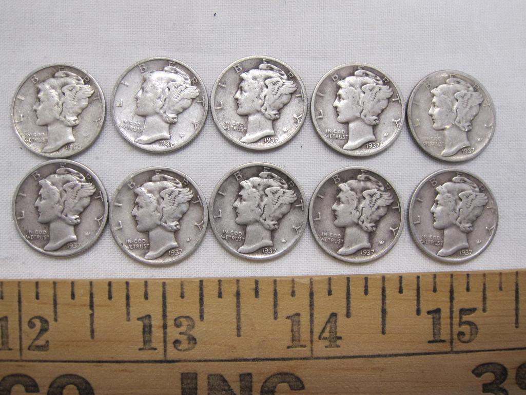 Ten Silver Mercury dimes, eight 1937, two 1940, 24.4 g