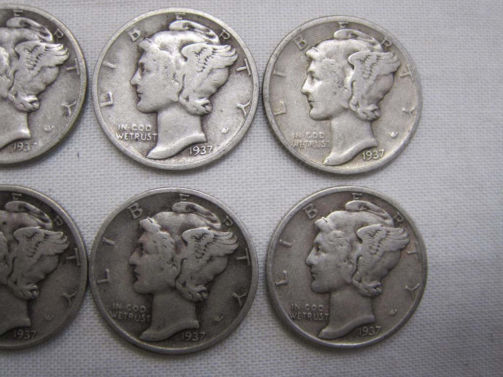 Ten Silver Mercury dimes, eight 1937, two 1940, 24.4 g