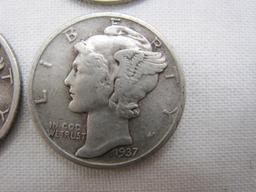 Ten Silver Mercury dimes, eight 1937, two 1940, 24.4 g