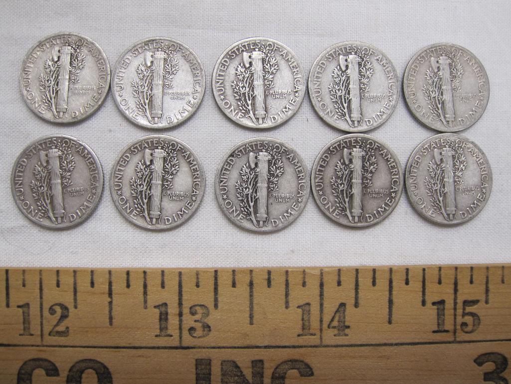 Ten Silver Mercury dimes, eight 1937, two 1940, 24.4 g