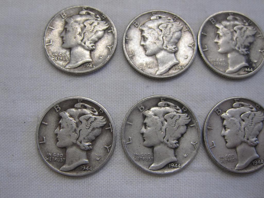 Ten Silver US Mercury dimes, eight 1944, one 1944S, one 1944 D, 24.6 g