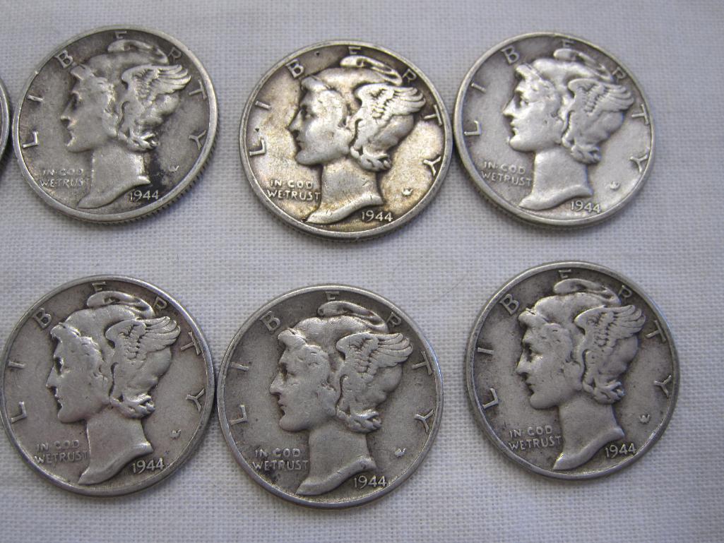 Ten Silver US Mercury dimes, eight 1944, one 1944S, one 1944 D, 24.6 g