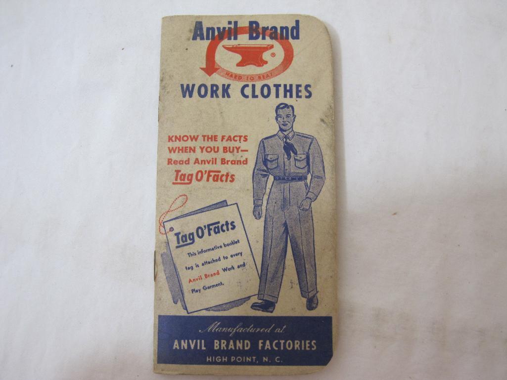 Two Vintage Work Clothes Advertisements including Anvil Brand Work Clothes notebook and Ad Mat, 1 oz