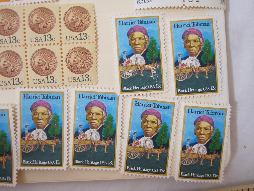 US 13 Cent Unused Postage Stamps including Captn James Cook, Harriet Tubman Black Heritage 1977, and