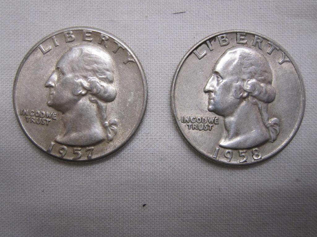 Four Silver US quarters, two 1961, one 1957, one 1958D, 25 g