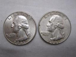 Four Silver US quarters, two 1961, one 1957, one 1958D, 25 g