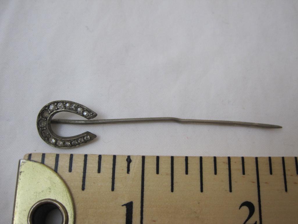 3 Vintage Hat/Stick Pins including horseshoe and diamond shaped sterling silver (1 g)