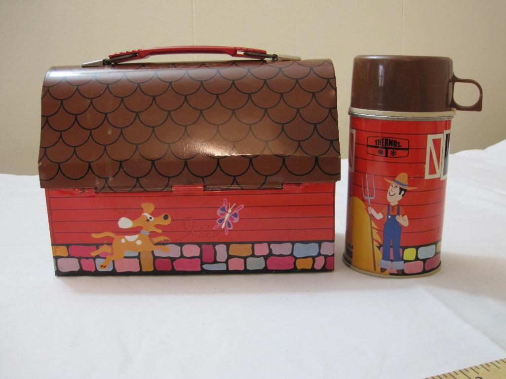 Vintage Farm/Barn Thermos Metal Lunchbox and Thermos, 1971 King-Seeley Thermos Co., 1 lb 10 oz