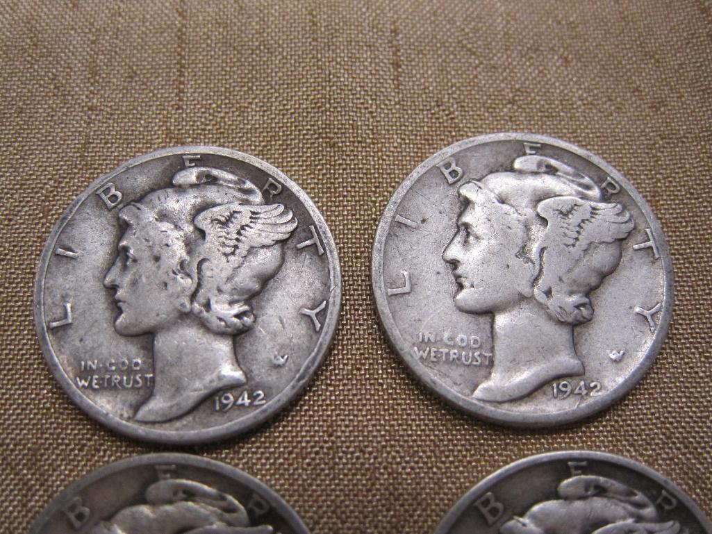 Four Mercury Dimes US Silver Coins: three-1942 and 1942-D, 9.6 g