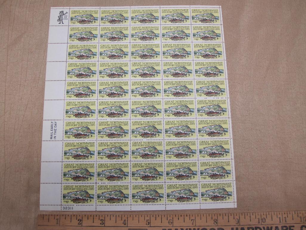 Great Northwest 1820 Fort Snelling 6-cent US Stamps, #1409 intact sheet of 50, 1970