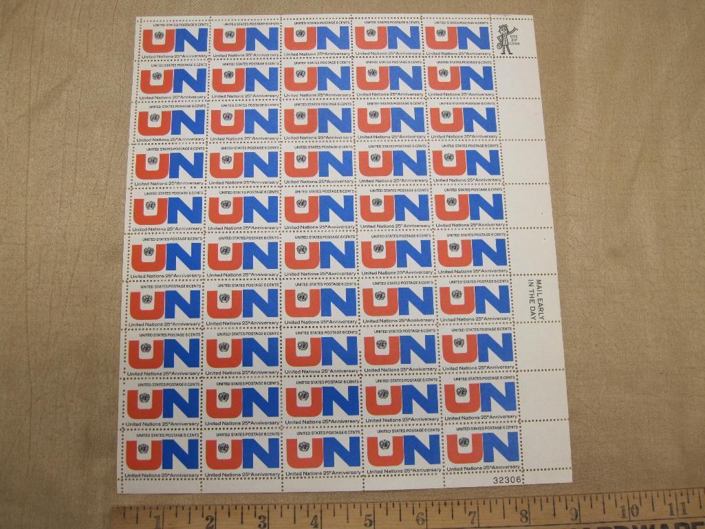 United Nations 25th Anniversary 6-cent US Stamps, #1419 intact sheet of 50