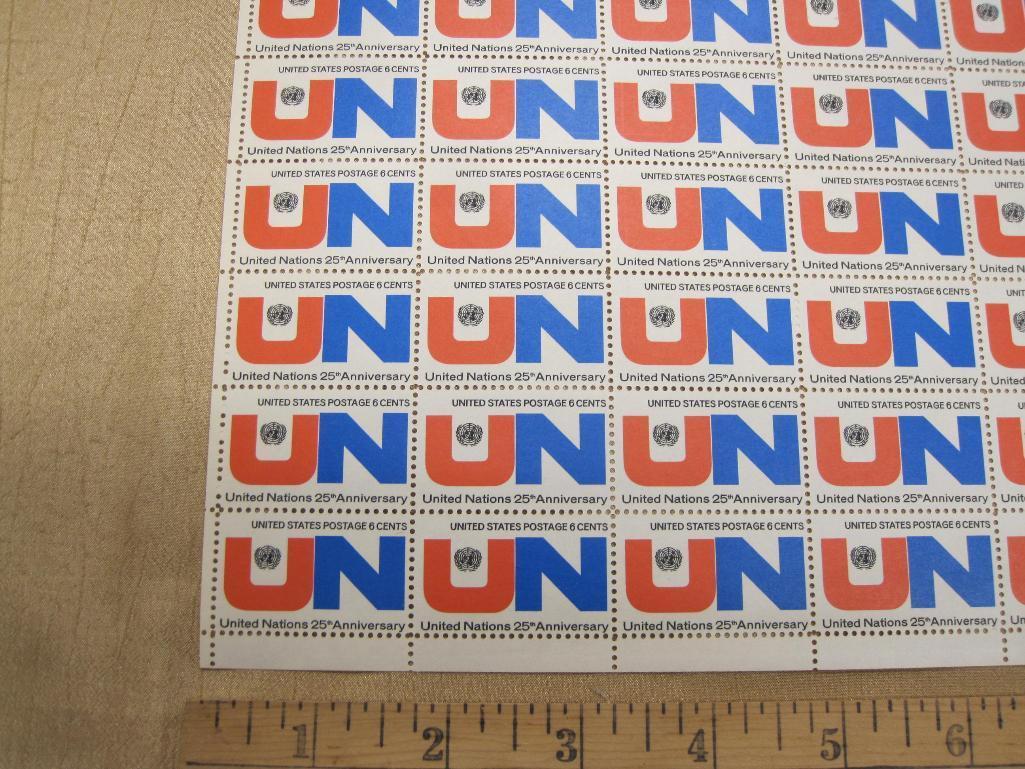 United Nations 25th Anniversary 6-cent US Stamps, #1419 intact sheet of 50