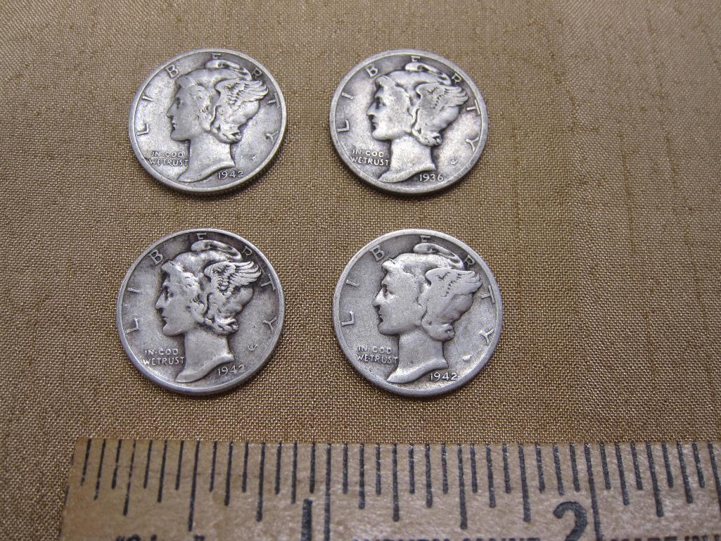 Four Mercury Dimes US Silver Coins: 1936, two-1942, 1942-D, 9.7 g