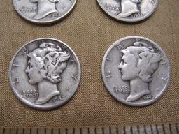 Four Mercury Dimes US Silver Coins: 1936, two-1942, 1942-D, 9.7 g