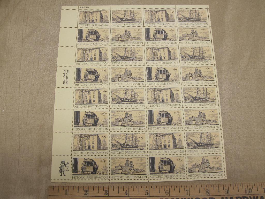 Historic Preservation 1971 8-cent US Stamps, #1440 to 1443 intact sheet of 32