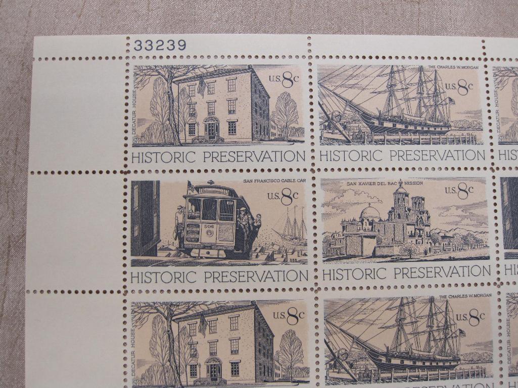 Historic Preservation 1971 8-cent US Stamps, #1440 to 1443 intact sheet of 32