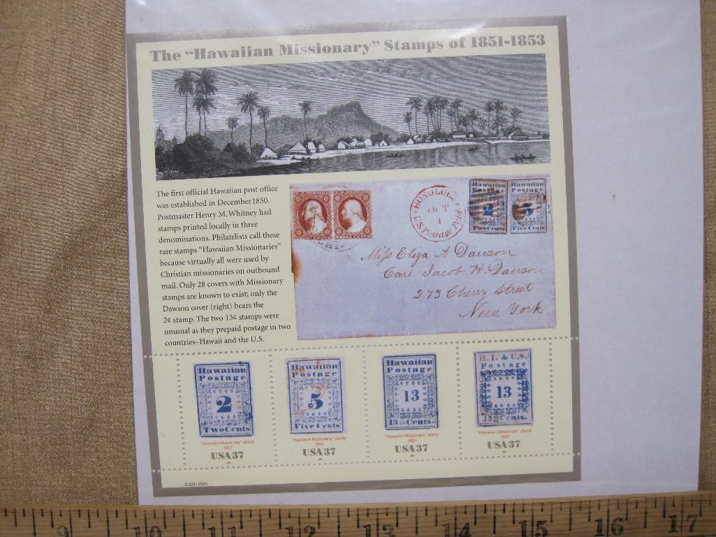 The Hawaiian Missionary Stamps of 1851 to 1853, 2001 37-cent US Stamps, souvenir sheet of 4