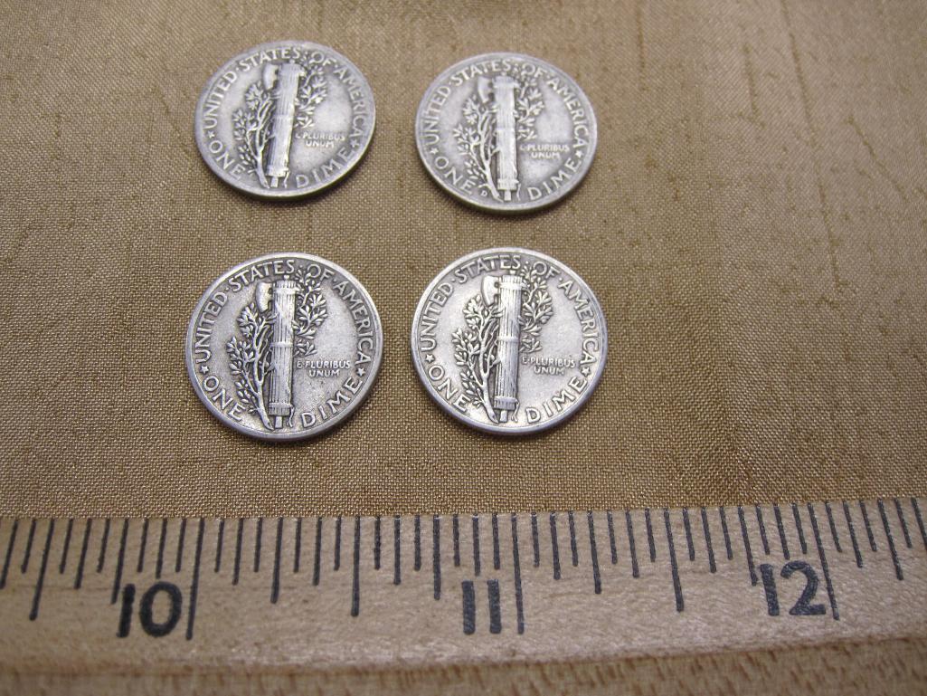 Four Mercury Dimes US Silver Coins: 1935, two-1942, 1943-D, 9.8 g