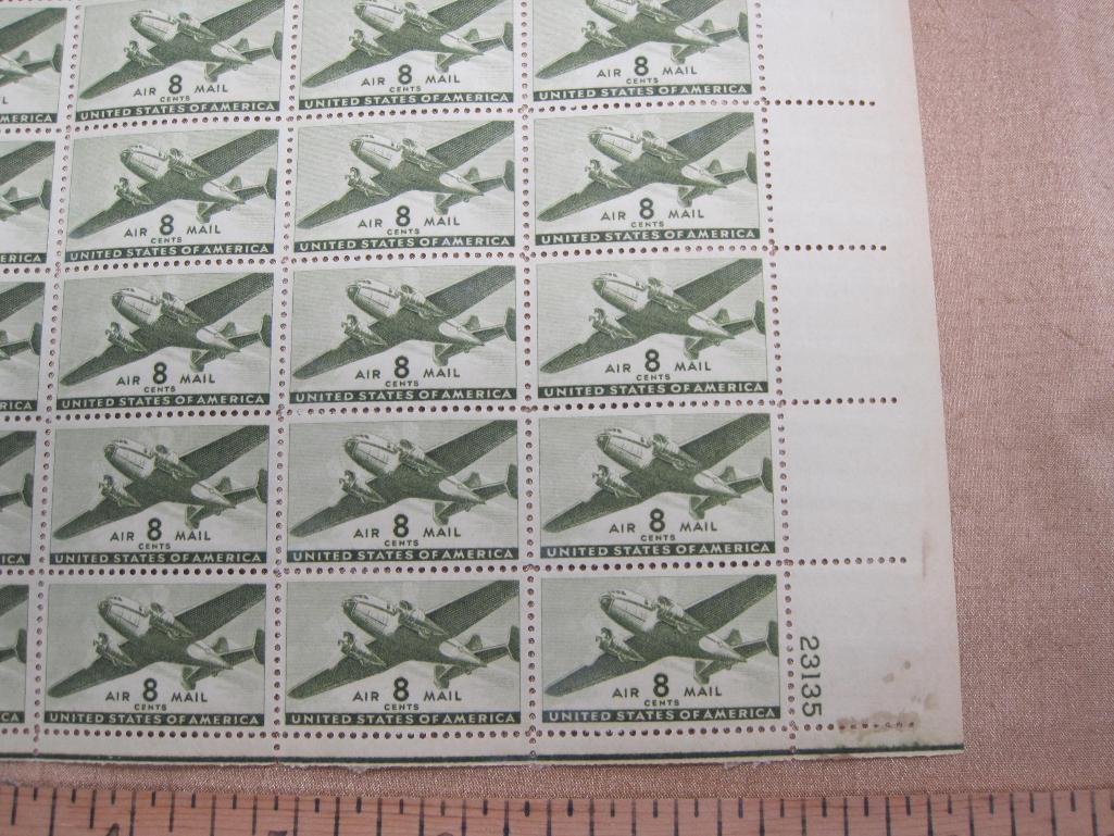 US 8-cent Air Mail stamps, intact sheet of 50