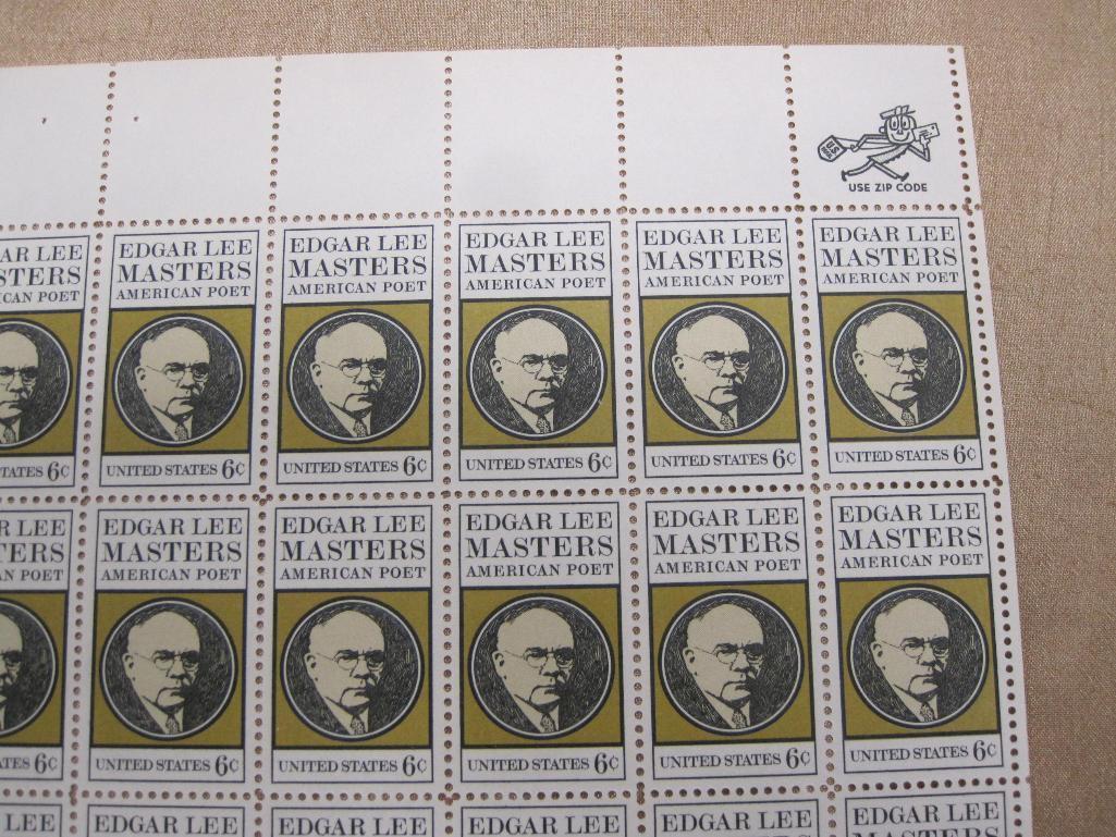 Edgar Lee Masters 1970 6-cent US Stamps, #1405 intact sheet of 50