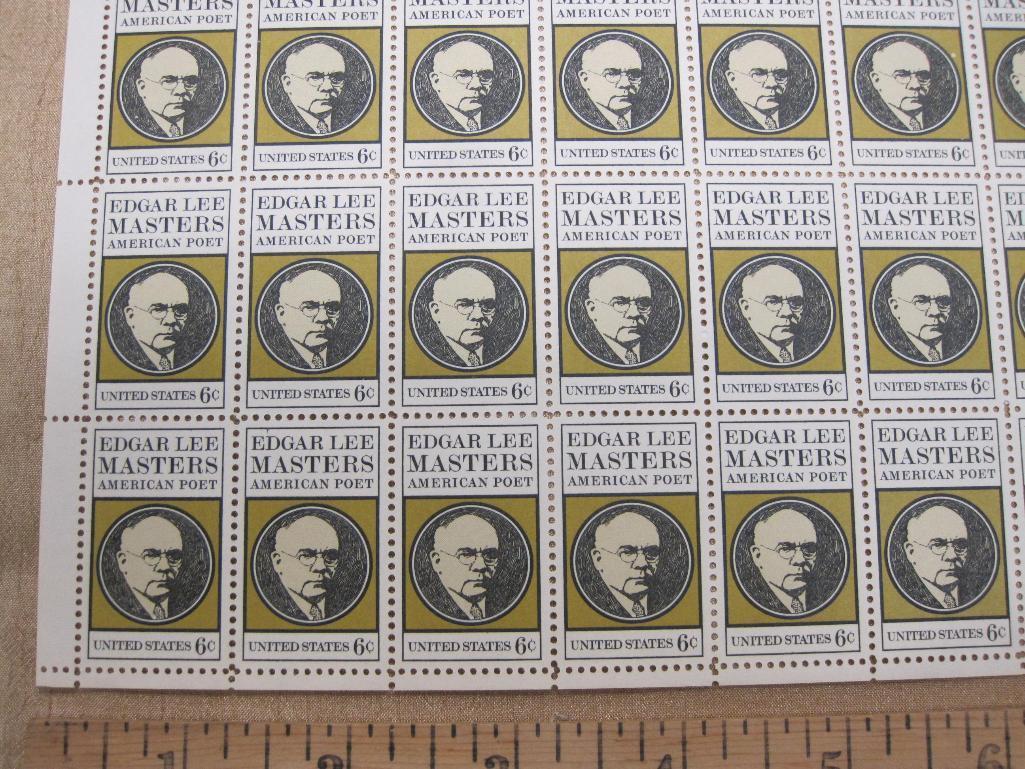 Edgar Lee Masters 1970 6-cent US Stamps, #1405 intact sheet of 50