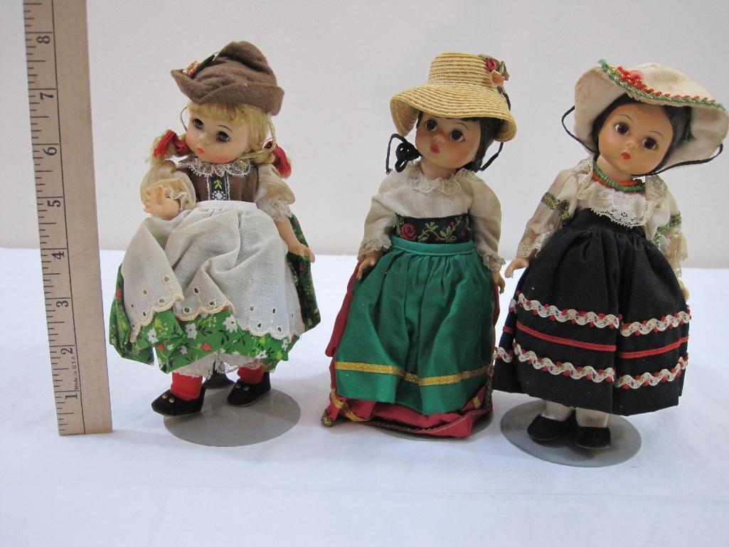Three Vintage Madame Alexander 8" International Dolls on Stands including Italy, Austria, and