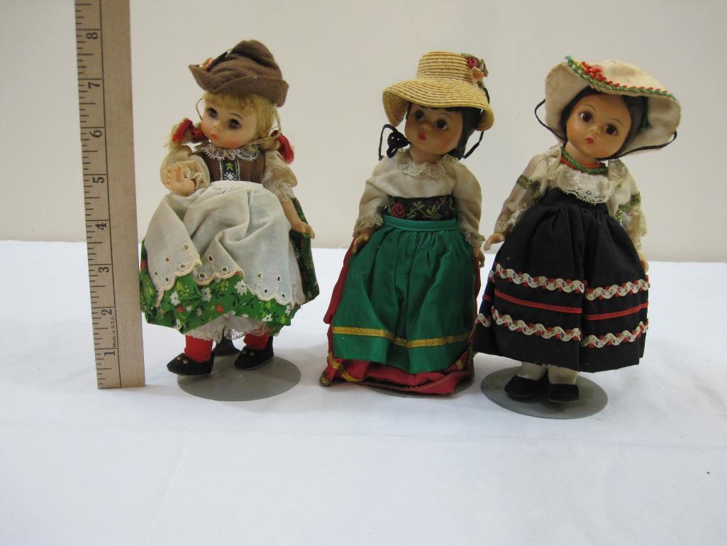 Three Vintage Madame Alexander 8" International Dolls on Stands including Italy, Austria, and