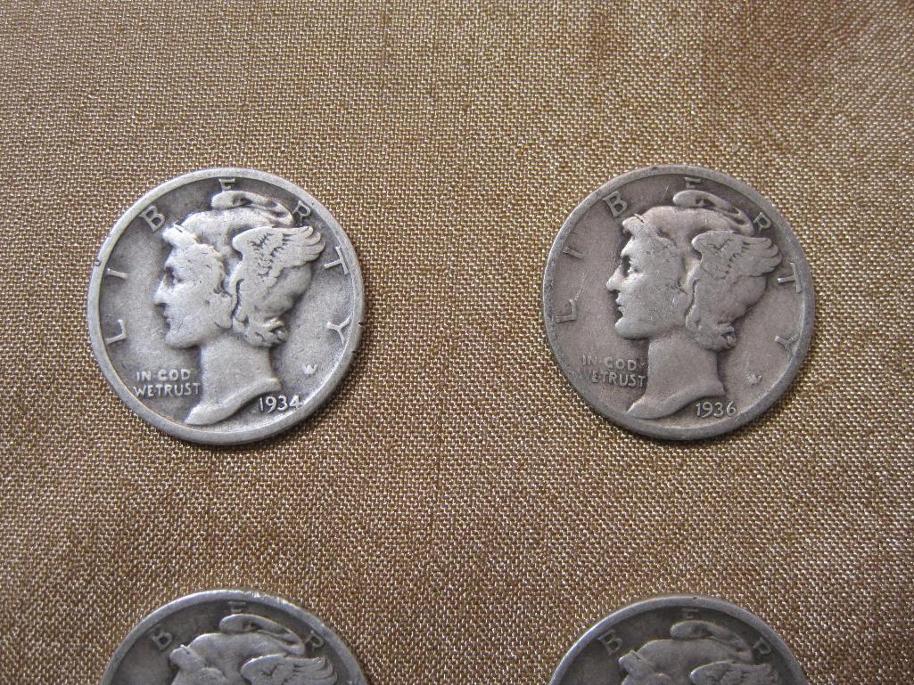 Four US Mercury silver dimes, one 1934, one 1936, one 1937 and one 1938, .34 oz