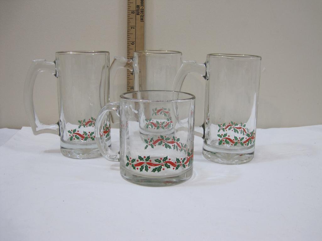 Four Libbey Clear Glass Mugs, Holly with a Red Ribbon on bottom, Gold Trim on Top, Three are 5 3/4