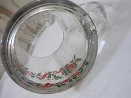 Four Libbey Clear Glass Mugs, Holly with a Red Ribbon on bottom, Gold Trim on Top, Three are 5 3/4