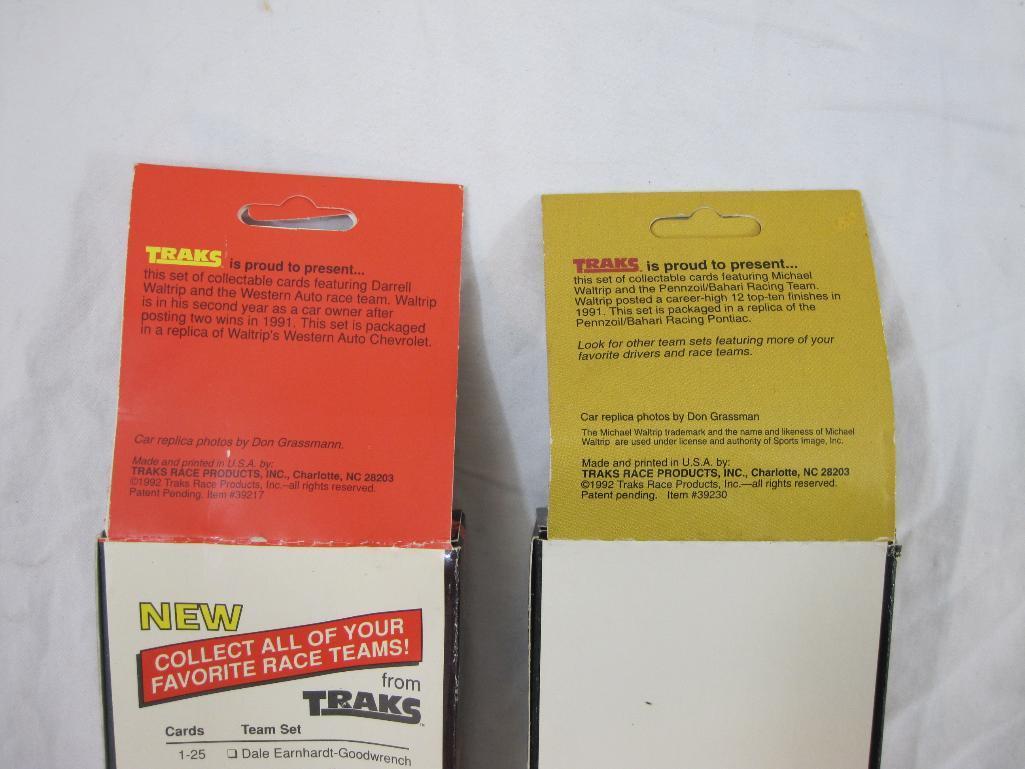 Two Sets of Traks Collectible Race Cards including Darrell Waltrip Team Set and Michael Waltrip Team