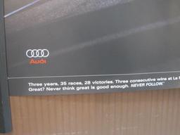 Audi R8's Racing Poster, ALMS Champion 2000, 2001, 2002, 23" x 34", contains minor damage to bottom