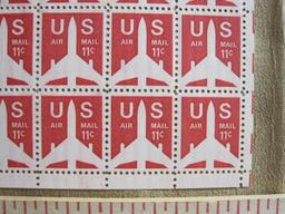 Full sheet of 100 1971 11 cent US air mail stamps featuring a jet airliner, #C82