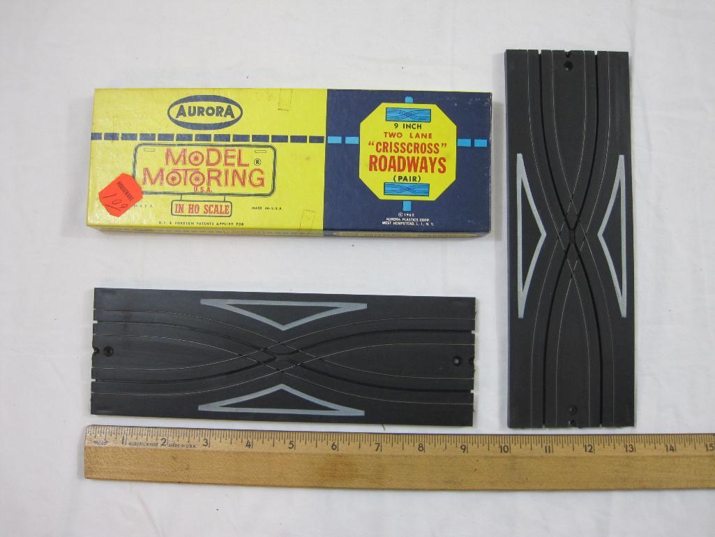 Aurora HO Scale Slot Track No. 1524 9 inch 2 lane "Crisscross Roadways" (Pair), in original box,