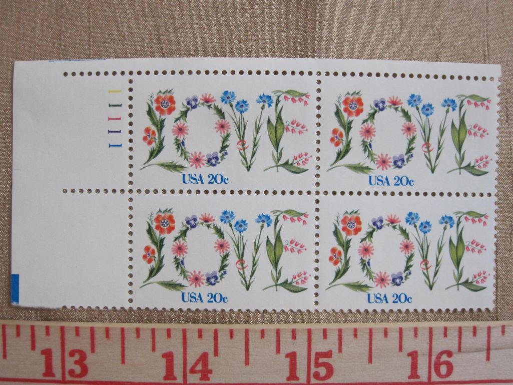 Block of 4 1982 20 cent botanical "Love" US postage stamps, #1951