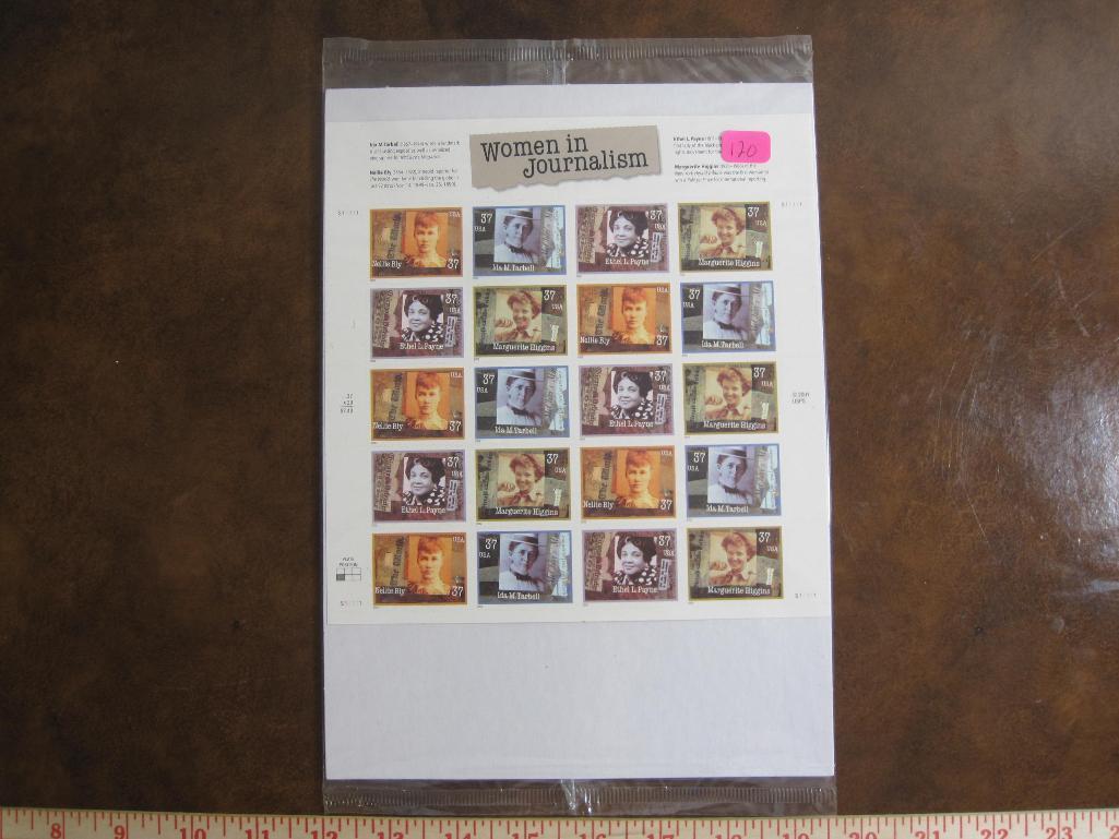 Full pane of 20 "Women in Journalism" 37 cent US postage stamps (Ida Tarbell, Nellie Bly, Ethel