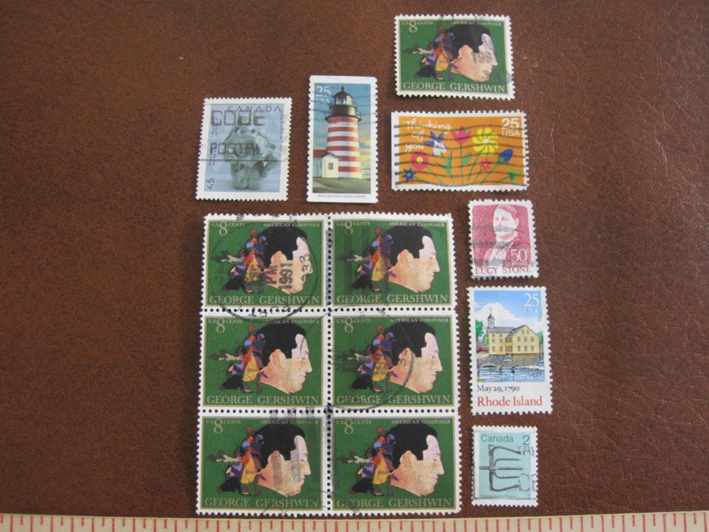 Lot of approximately thirteen cancelled US stamps including one block of six 8 cent George gershwin