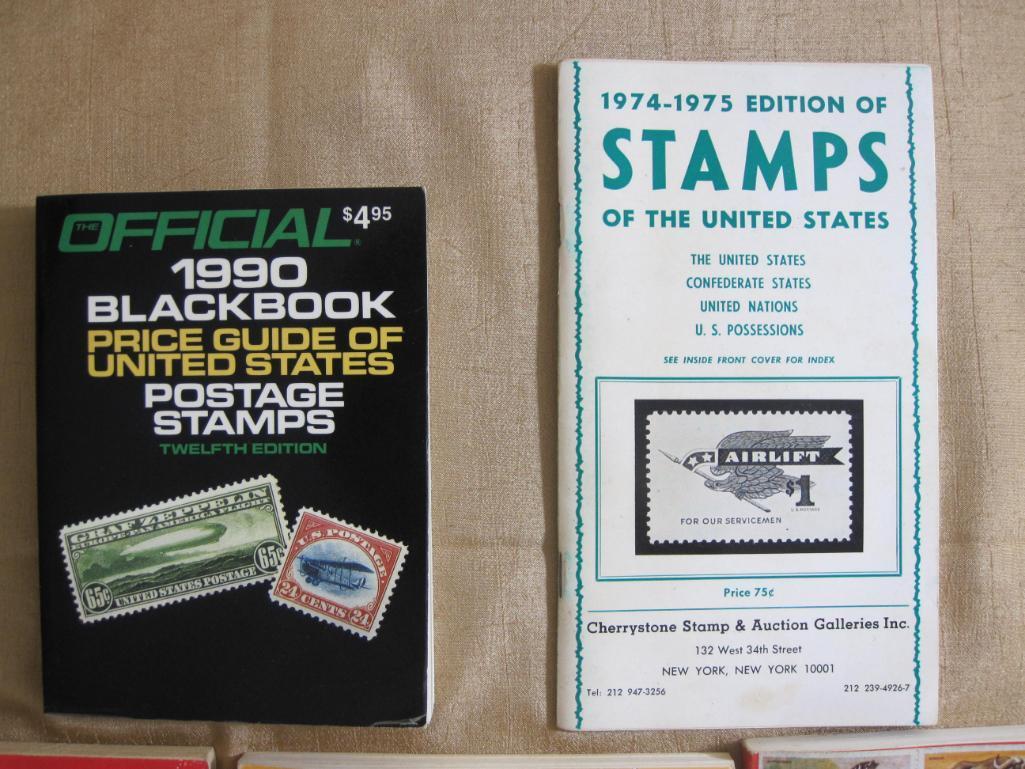 Lot of five vintage philatelic books including 1990 price guide, 1974-75 stamp guide, 1973-74 stamp