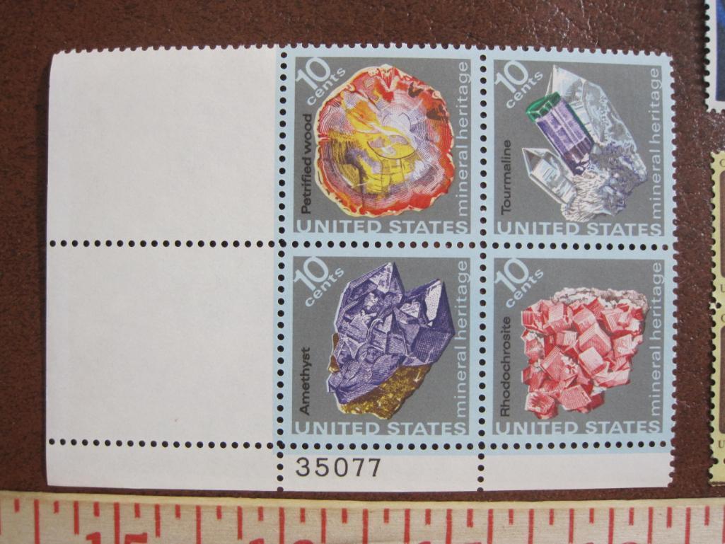Three blocks of US postage stamps: one block of 4 1972 8 cent Colonial American Craftsmen stamps (#s