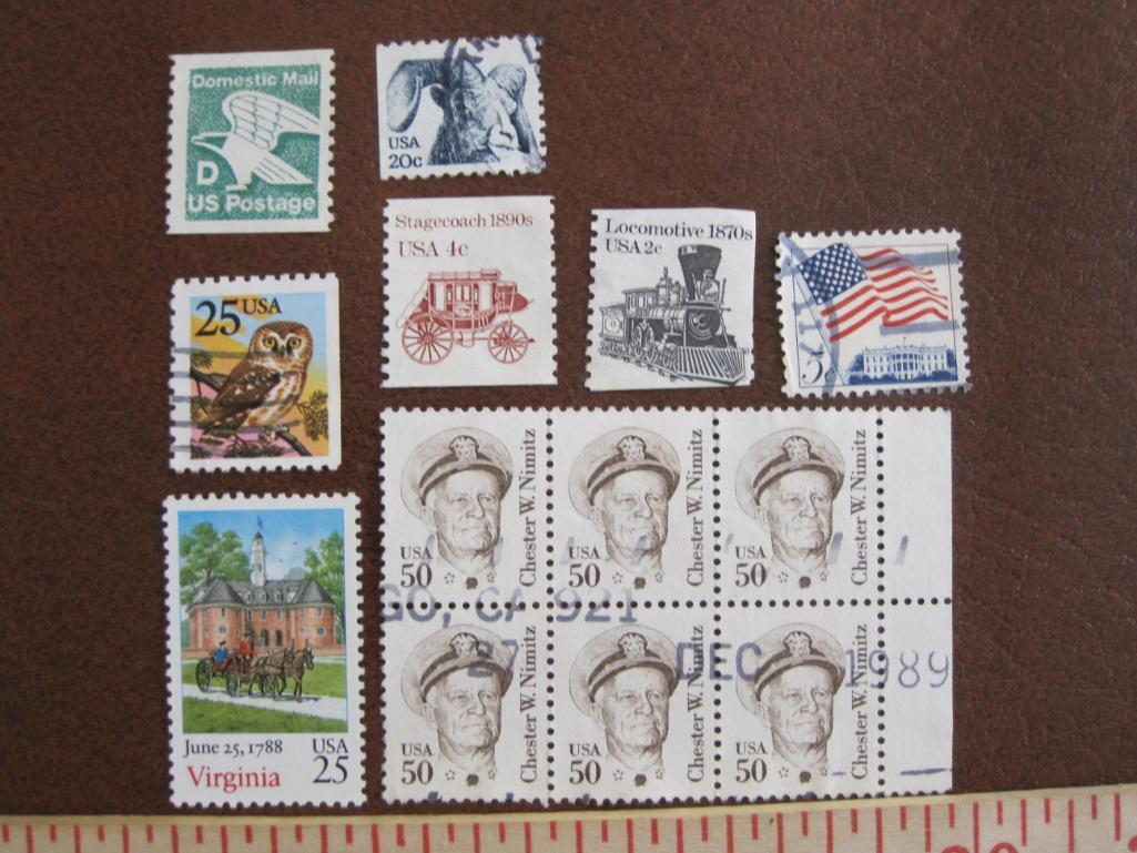 US stamp lot that includes: Block of 6 canceled 50 cent Chester W. Nimitz US postage stamps, one 25