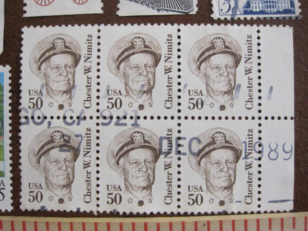 US stamp lot that includes: Block of 6 canceled 50 cent Chester W. Nimitz US postage stamps, one 25