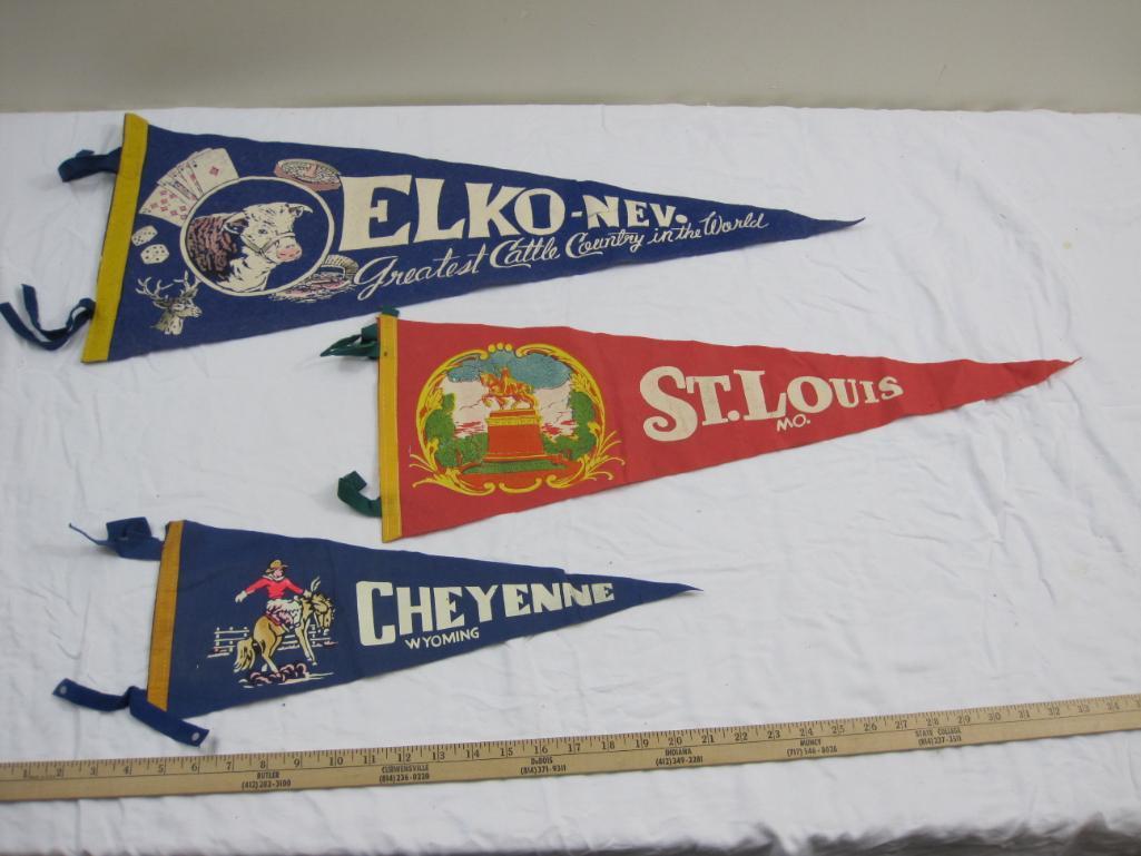 Lot of Western United States Souvenir Pennant Flags including Cheyenne Wyoming, Elko Nevada, and St.