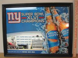 Framed Bud Light Super Bowl Mirrorred Sign, Superbowl XLVI Giants Football approx 27 x 21, #652