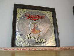 Miller High Life Girl in the Moon mirrored glass sign, approx 18x18 #35