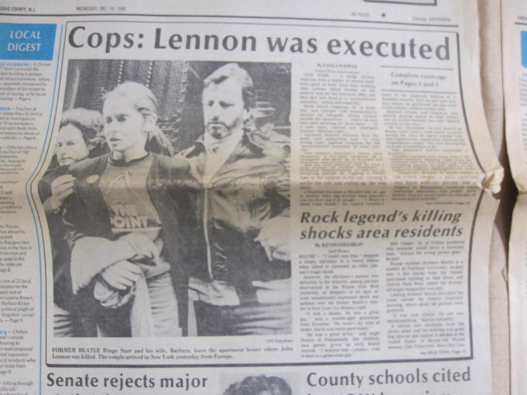 Two Beatles-themed The News articles from 1980: "Cops: Lenon was executed" (December 10) and "Lenon