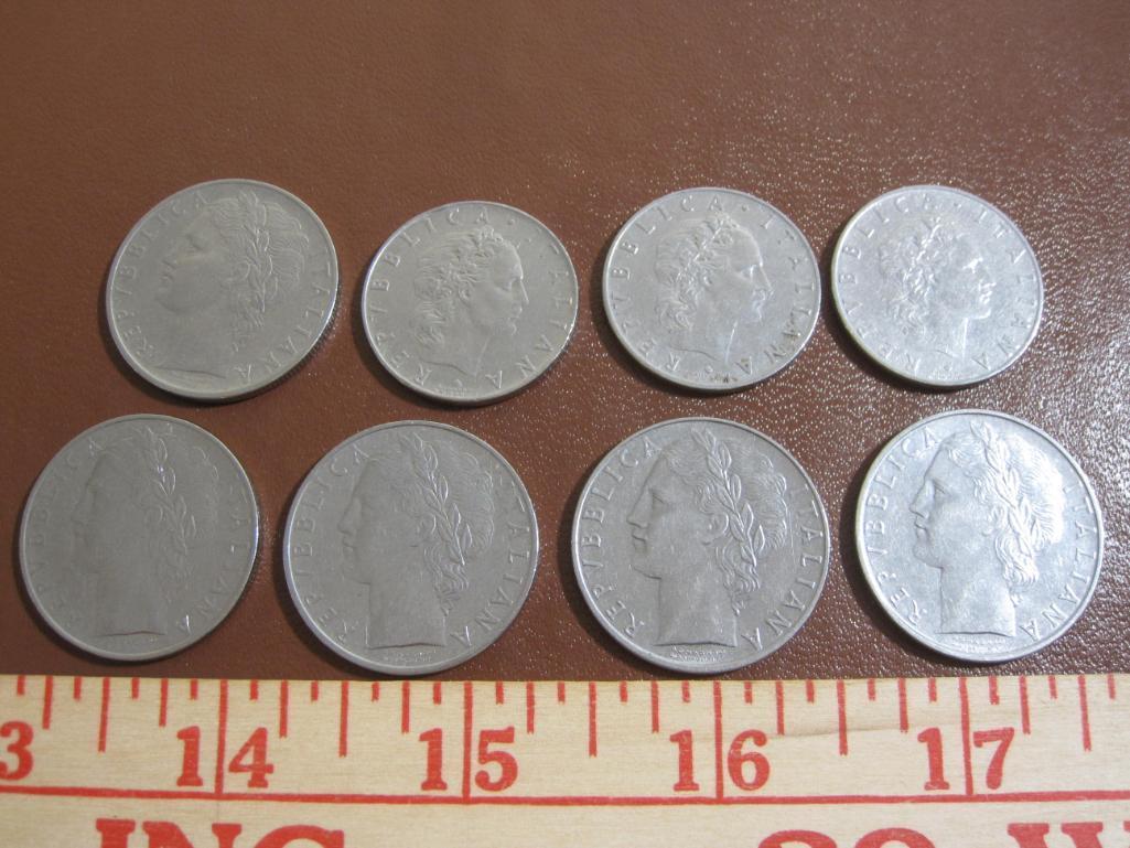 Lot of 8 Italian coins: 5 L.100 (1959, 64, 65, 69, 74) and 3 L.50 (1956 and 65).