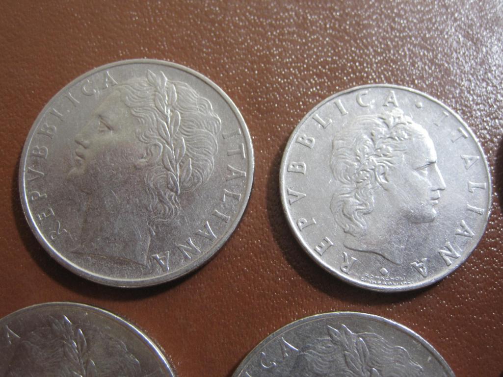 Lot of 8 Italian coins: 5 L.100 (1959, 64, 65, 69, 74) and 3 L.50 (1956 and 65).